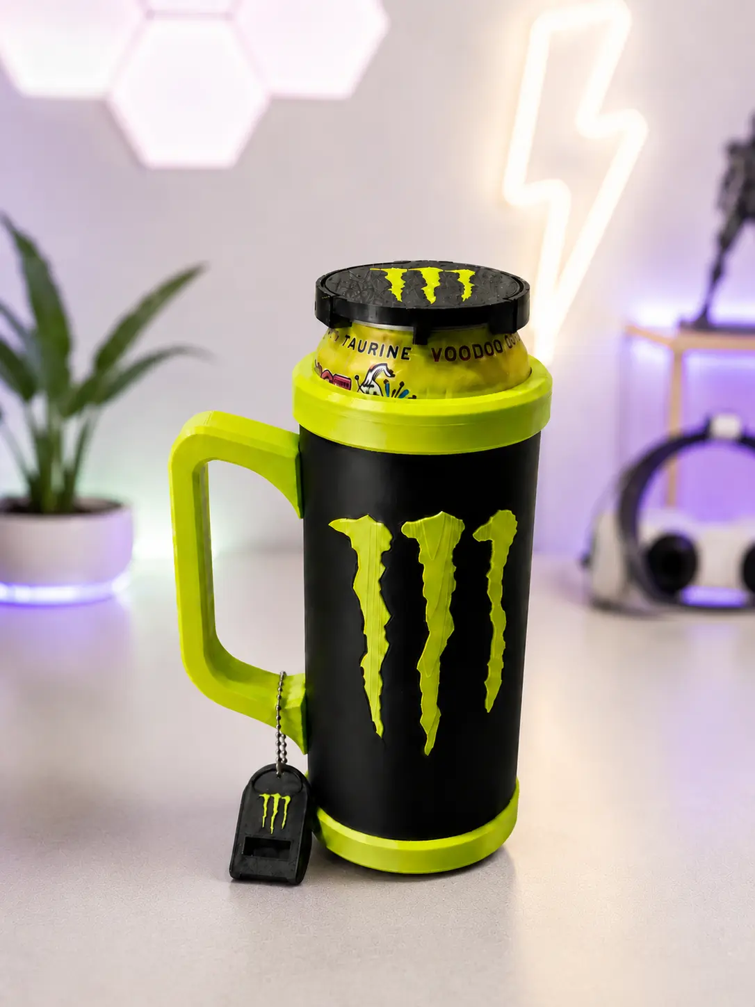 Custom Can Holder with Snack Storage and Lid-KeyChain opener for 16oz Energy Drink (473ml) Cans