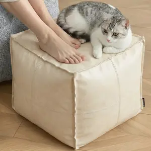 Square Stuffed Pouf Ottoman with Storage, Fluffy Foot Stool Pouf, Soft Floor Foot Rest for Living Room Bedroom, Brown