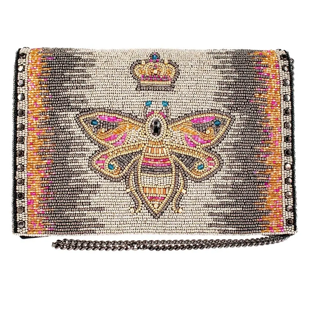 Women's Mary Frances Queen Bee Motif Beaded Leather Convertible Bag - Crossbody, Shoulder Clutch with Detachable Chain Strap, No Extra Bulk, Night Out Hands-Free Use, Beads
