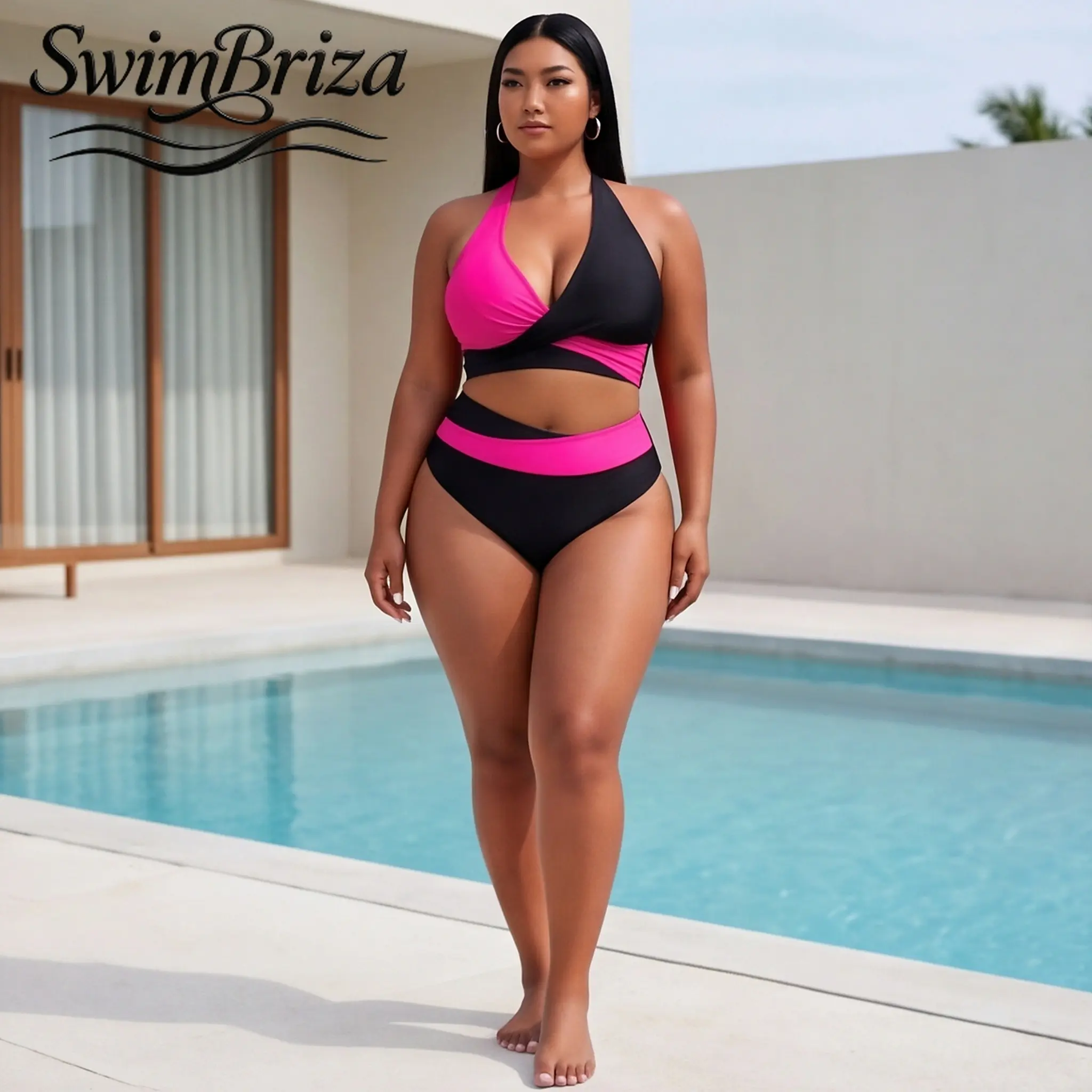 Briza｜Plus Size Swimwear for Women Two-Piece Tummy Control Swimsuit High Waisted Bathing Suit Color Block Bikini Set Wrap Halter Neck Hot Pink Black Vacation Beach Pool Summer Resort Swimwear, Women's Swimwear, Bathing Suit for Women
