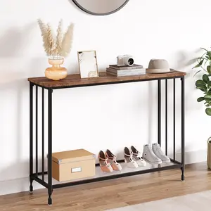 31.8" Narrow Console Table with Woodgrain Top & Glass Shelf, Stylish Entryway & Sofa Table for Living Room, Hallway & Modern Home Decor