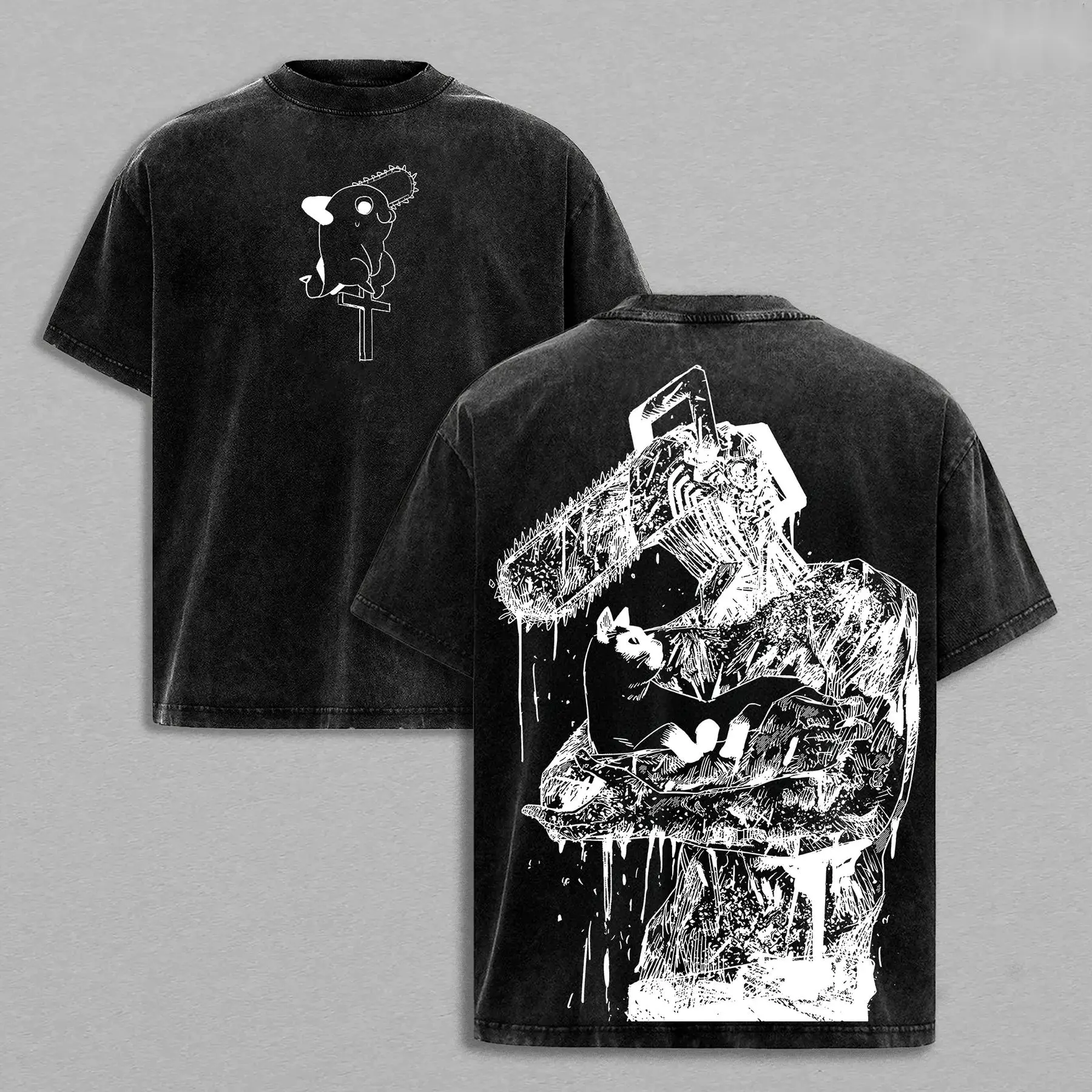 Men's Oversized Chainsaw Man Denji Devil Hunter Graphic Tee - 230gsm Thick Casual Baggy Classic Short-Sleeve Vintage Washed Double-Sided Print Unisex Heavy Cotton Streetwear, Dark Action Aesthetic, Gift for CSM Fans, Shortsleeve, Top