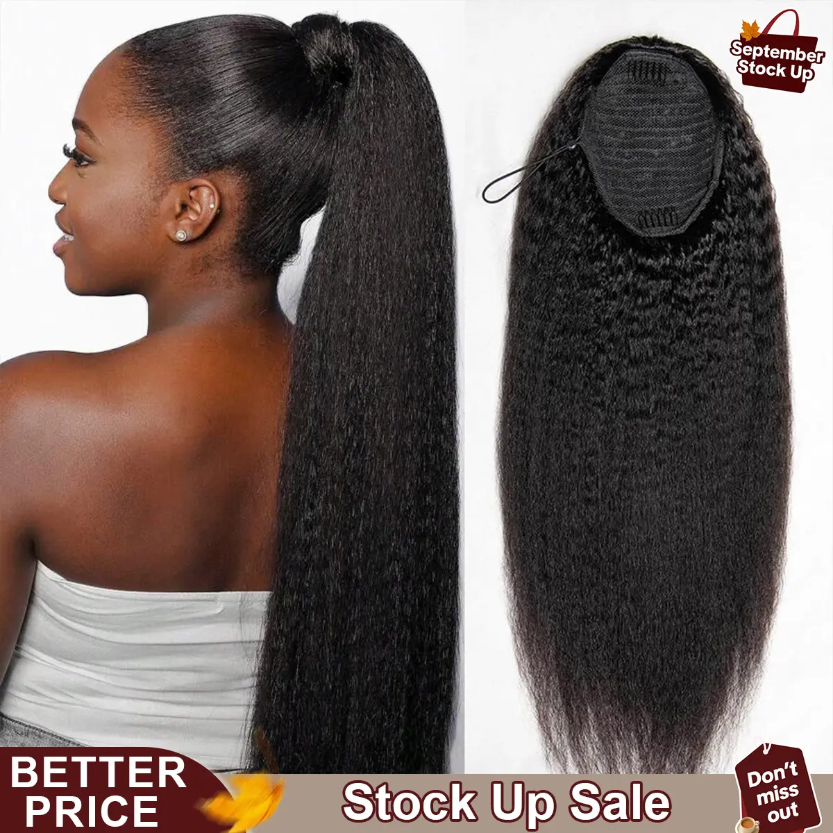 BGMgirl Kinky Straight High-Density 10-Sec Drawstring Ponytail 100% Human Hair Ponytail Extensions Protective Hairstyle Easy Quick Install Fall Hair #sohochic #tiktokshopstockup Glueless Clip In