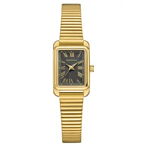 AMOVAN Gold Stainless Steel Mesh Band Watch with Black Dial and Roman Numerals Modern Fashionable Wristwatch