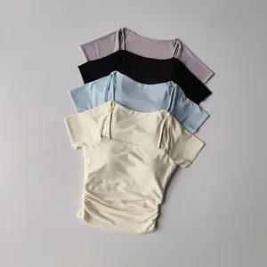 [VibeFit]Sleek Square Neck Ruched Top| High Stretch Workout & Everyday Tee for Women