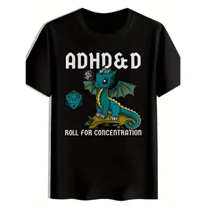 ADHD & Rock Band Graphic T-Shirt - Black Casual Summer Tee with "ADHD & ROLL for CONCENTRATION" Design, Featuring AC-DC & SLIPOKOT Elements, cotton, Round Neck, Short Sleeves for Men