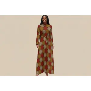 Women's Maroon Ankara Wheel Pattern Long Sleeve Maxi Dress