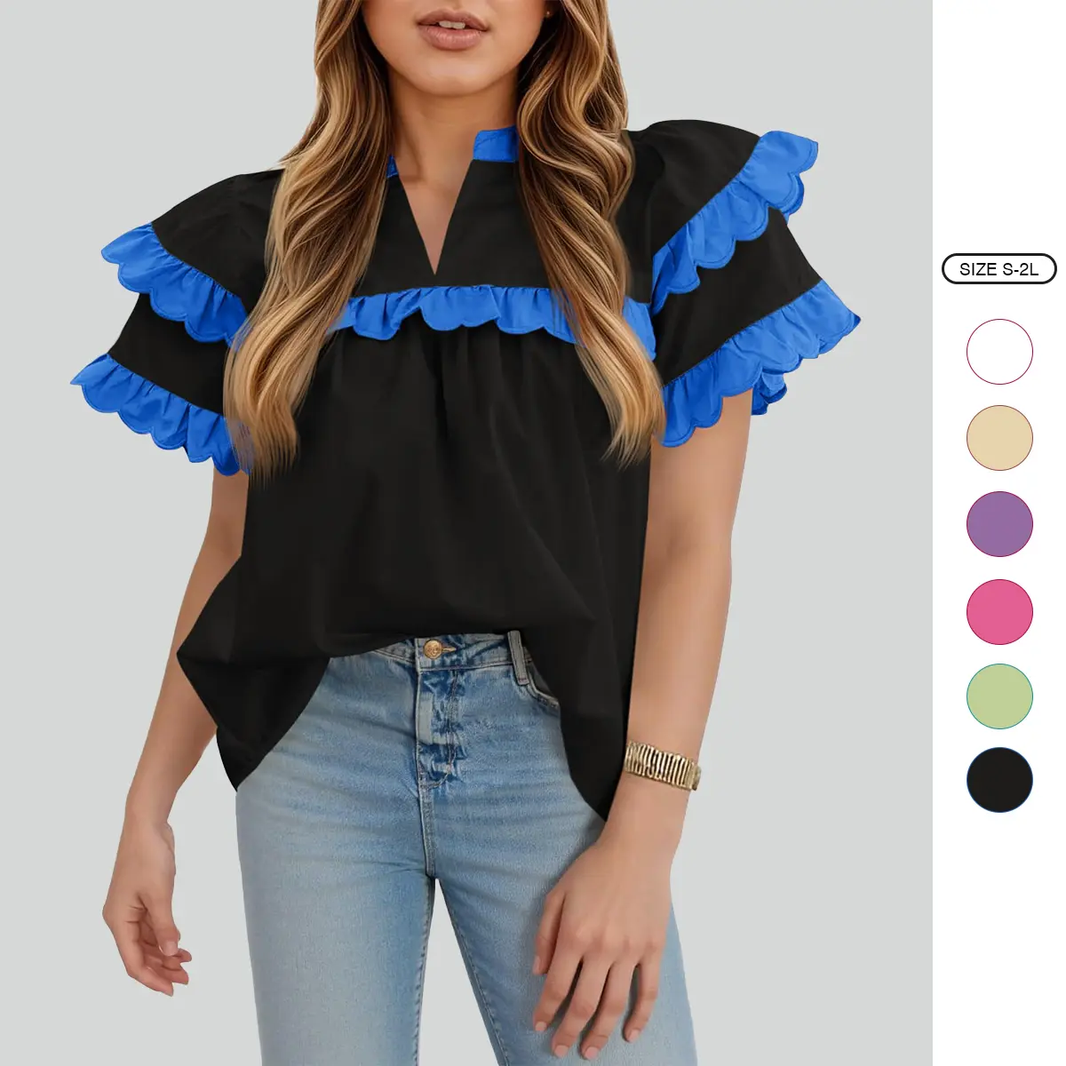 Imily Bela Womens Ruffle Sleeve Babydoll Tops Color Block Summer V Neck Pleated Blouse Dressy Casual Loose Fit Shirts