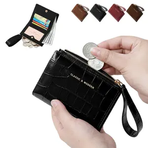 Glossy Crocodile Embossed Short PU Leather Wallet for Women, Compact Zipper Purse with Wrist Strap, Multi-Card Holder Coin Pocket Small Wallet