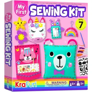 My First Sewing Kit for Beginner Kids Arts & Crafts, 7 Easy DIY Projects of Stuffed Animal Dolls and Plush Pillow Craft, with Instructions & Felt, Gift for Girls Boys to Learn Sewing Embroidery