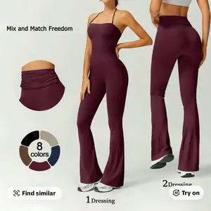 LuxuryCollections Women's Halter Neck Bodycon Flared Leg Jumpsuit Stylish Comfortable for Fitness Fashion Athleisure Outfit Butt Lifting High Waist Workout Gym Clothing Stretchable Activewear Jumpsuit Women