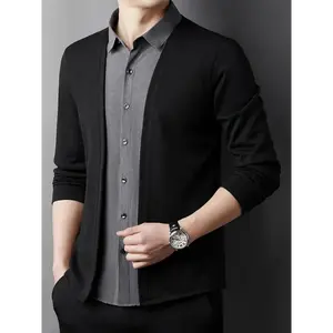 Stylish Solid Color Cardigan - Men's Faux Two-Piece Design with Button Closure - Autumn and Winter Casual Outerwear