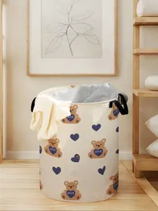 Heart Bear Print Laundry Basket with Handle, Durable Foldable Home Storage Bin, Large Capacity Toy Organizer, Valentine's Day Gift