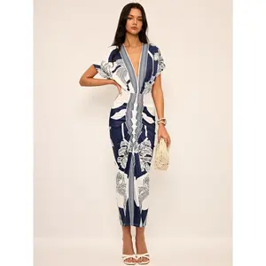 Printed Deep V-Neck Midi Dress Without Belt