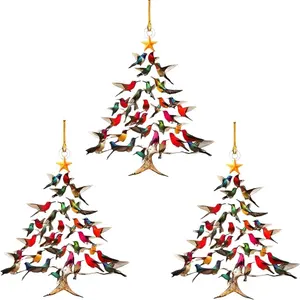 2/3pcs Christmas Tree Hanging Ornament with Colorful Birds Tree Car Rear View Mirror Pendant Acrylic Animal Charm Car Interior Accessories Decoration Presents for Window Wall