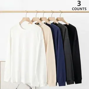 3 Pack Long Sleeve T-Shirts Men 100% Cotton Heavyweight Blank Tees Assorted Colors Crew Neck Plain Tee Shirts Summer Fall Layering Value Pack Size XS-3XL