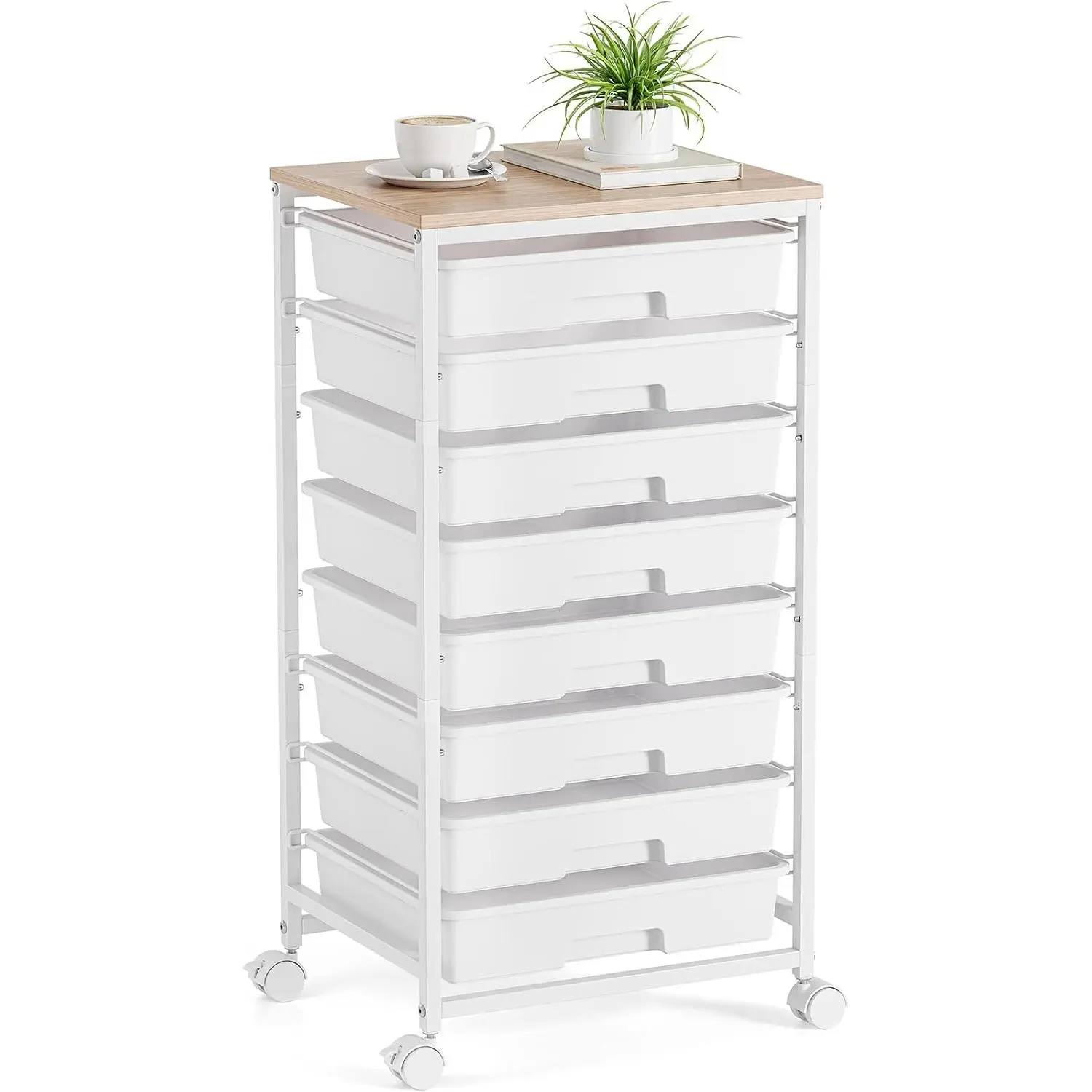 Storage cart with 8 drawers, utility cart with white drawers and wooden tabletop, craft cart, teacher organization for classroom, white