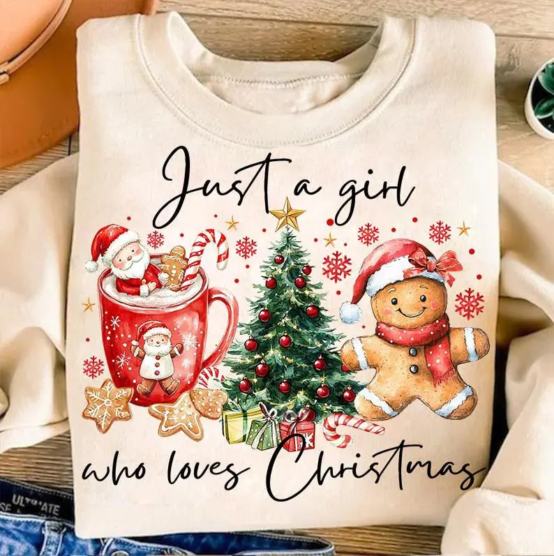 Just A Girl Who Loves Christmas Pullover, Coquette Christmas Sweatshirt, Girly Christmas Outfit, Xmas Hot Cocoa Candy Cane Gingerbread Sweater, Coquette Bow