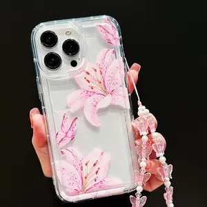 Floral Pattern Phone Case with Lanyard, Decorative Phone Protector Cover, Cellphone Protector, Shockproof Phone Cover, Casing, Phone Accessories Compatible with iPhone 11 12 13 14 15 Pro Max 15 Plus, Flower, Protective