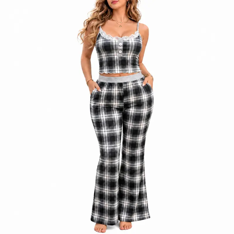 GLAMONIQUE Women's 2-Piece Soft Bohemian Plaid Vintage Chic Set - Fitted V-Neck Button Cropped Camisole with Straps, High-Waist Wide-Leg Pocket Below-the-Ankle Pants, Black White Summer Casual Outfit, Gift for Her, Do Not Dry Clean