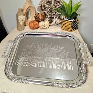 Luxury Silver Serving Tray Rectangular with Ornate Handles & Elegant Wheat Design Decorative Tableware
