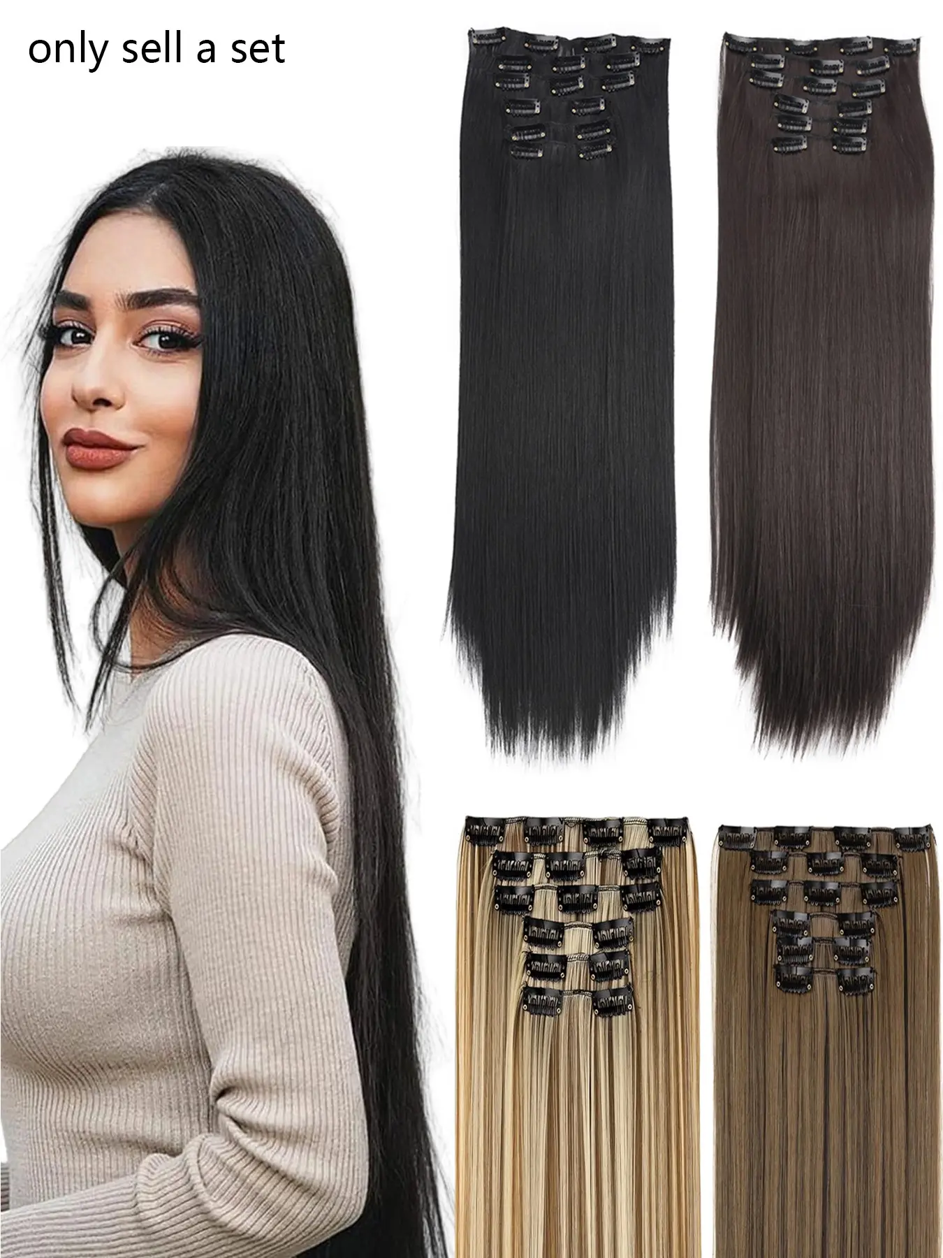 Clip in hair extensions 6PCS Straight 24 Inch Hair Extensions for Women， Artificial hair extension Heat Resistant Synthetic Fiber Hairpieces-Black Soft Full Head Weddings Party Daily Use Hair Weave Extensions Clip on Hairpieces