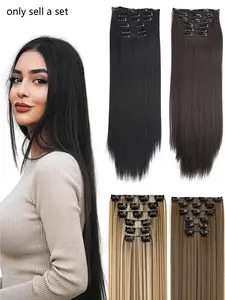 Clip in hair extensions 6PCS Straight 24 Inch Hair Extensions for Women， Heat Resistant Synthetic Hairpiece-Black Soft Full Head Weddings Party Daily Use