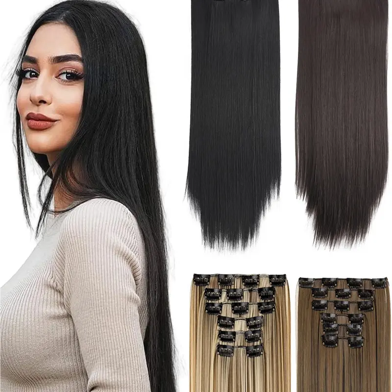 Clip in hair extensions 6PCS Straight 24 Inch Hair Extensions for Women， Artificial hair extension Heat Resistant Synthetic Fiber Hairpieces-Black Soft Full Head Weddings Party Daily Use Hair Weave Extensions Clip on Hairpieces Hair Extensions Clip Ins