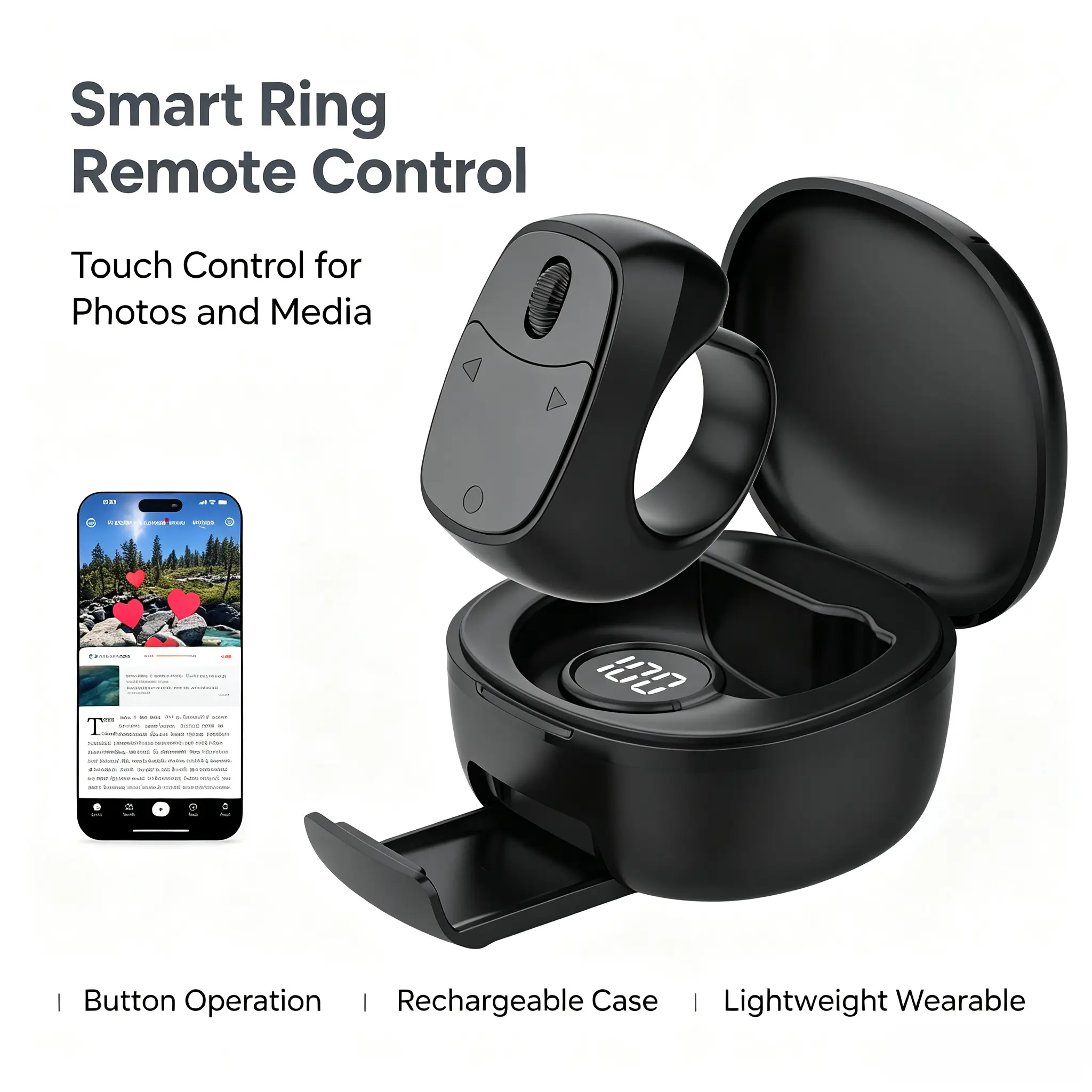 Portable Bluetooth Finger Ring Clicker, Multi-Function Hands-Free Remote for Video Browsing and Photo Capture, Comes with 180mAh Charging Case, USB-C Cable & Phone Holder, Universal Smartphone Accessory for Vloggers & Creators