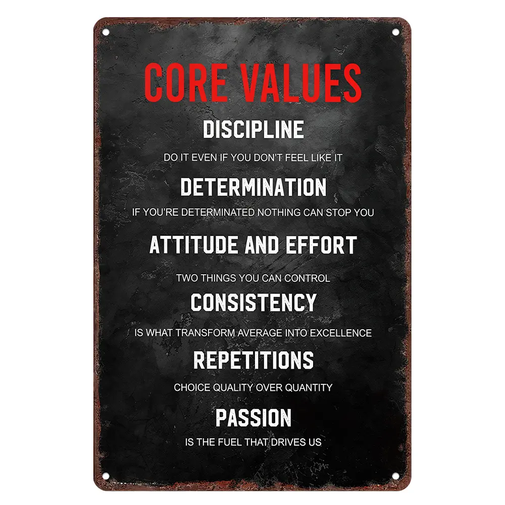 8x12 in Rectangular Fade-Resistant American Retro Black Cracked Aluminum Metal Sign - Core Values: Discipline, Determination, Consistency, Passion - Inspirational Indoor Wall Decor Plaque Gift for Gym Office