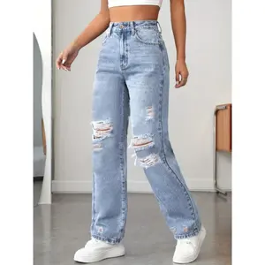 2025 Women’s High-Waisted Ripped Wide-Leg Jeans – Loose-Fit Casual Streetwear with Functional Pockets, Distressed Denim Design for All-Season Comfort, Machine-Washable, Chic European & American Style, Casual Denim Wear | Casual Chic Denim | Minimalist Sho