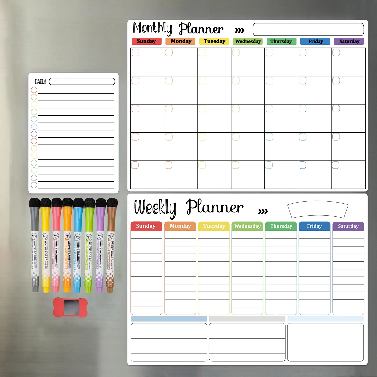 GUOBOARD Magnetic Dry Erase Calendar Whiteboard Set - 16.5x11.8" Office Organizer with Monthly, Weekly, Daily Planners, 8 Markers, Eraser, Horizontal Design, Strong Magnetic Hold, Fits Most Refrigerators for Home Office Use, Schedule Planner