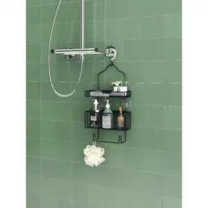 SUOERNUO No-Drill Two-Tier Hanging Storage Shelf with Hooks - Heavy-Duty Powder-Coated Metal Powder-Coated Black Grey, Space-Saving Bathroom/Shower Shelf, Install Suitable for Renters, Upper & Lower Shelves, Moisture-Resistant, Shelves