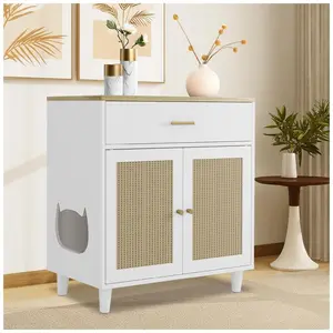 【Christmas Gift】Cat Litter Box Enclosure Furniture Hidden Wooden Dog Proof Cat Litter Box Enclosure Cabinet with Drawer and Sisal Doors Corner Cats Kitten Cabinet White
