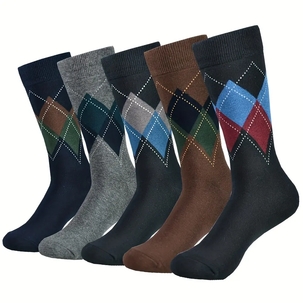 FLGYTH 5-Pack Men's Argyle Crew Socks - Comfortable Cotton Blend, Breathable & Stylish for Sports, All-Season Wear