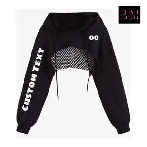 Customizable Fishnet Crop Hoodie for Women, Trendy Stylish Medium-Sized Pullover with Long Sleeves