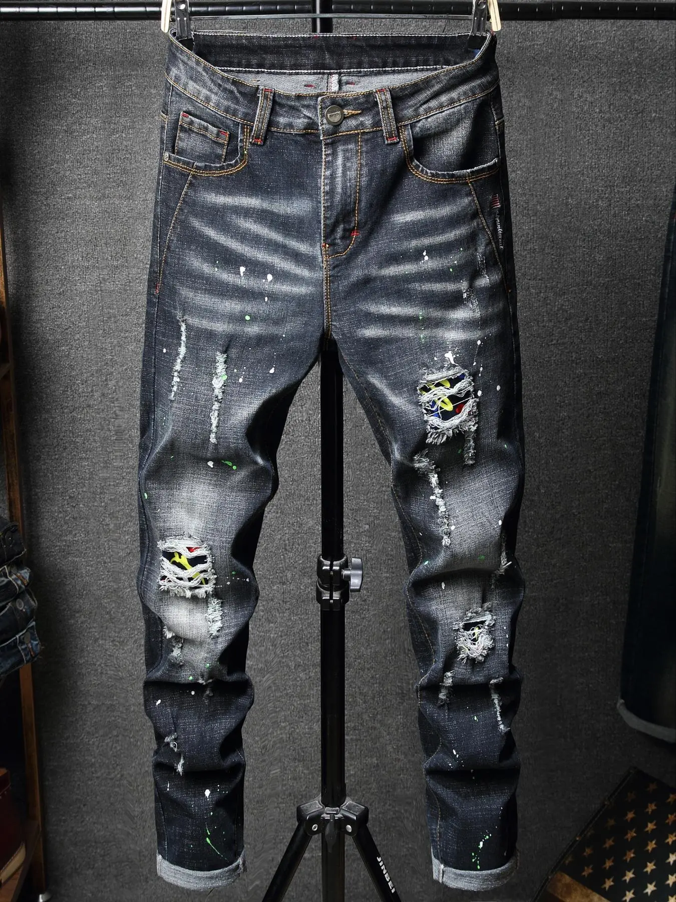 Men's Distressed Ripped Straight Leg Destroyed Hole Jeans, Graphic Pants, Street Fashion Casual Comfy Denim Jeans for Daily Wear, Men's Bottoms for All Seasons