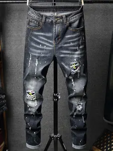 Men's Distressed Ripped Straight Leg Jeans, Graphic Pants, Street Fashion Casual Comfy Denim Jeans for Daily Wear, Men's Bottoms for All Seasons