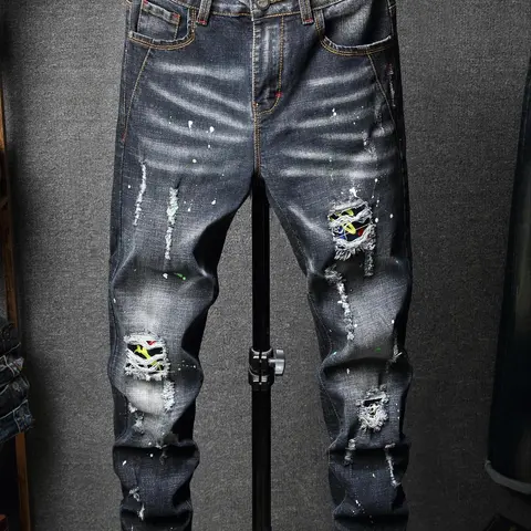Men's Distressed Ripped Straight Leg Destroyed Hole Jeans, Graphic Pants, Street Fashion Casual Comfy Denim Jeans for Daily Wear, Men's Bottoms for All Seasons