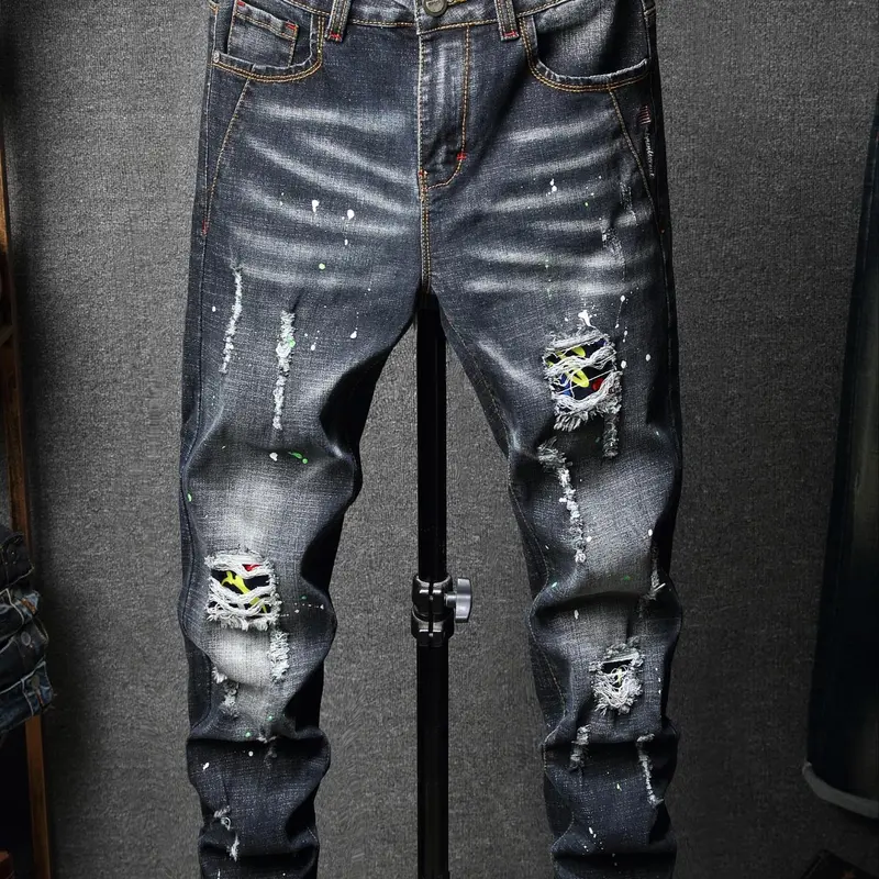 Men's Distressed Ripped Straight Leg Destroyed Hole Jeans, Graphic Pants, Street Fashion Casual Comfy Denim Jeans for Daily Wear, Men's Bottoms for All Seasons