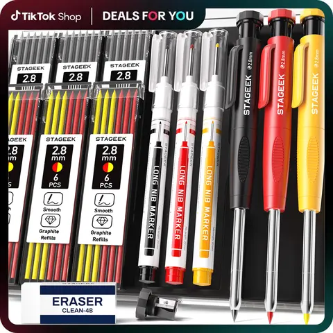 STAGEEK 13pcs Heavy Duty Mechanical Drawing Pencils Set - 45mm Elongated Tip, 2.8mm Refills, Sharpener, Case, Stationery Supplies for Adults, Architects, Marks Glass/Metal/Plastic Office Tools