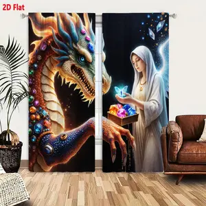 2D Flat Fantasy Curtain 2-Piece Set Majestic Jewel-Encrusted Dragon Angel Scenic Printed Window Drapes with Starry Night Sky Floating Gems for Bedroom Living Room Decor