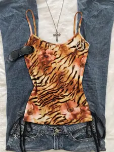 Summer Sweet Cool Tiger Stripe Rose Print Thin Straps Sleeveless Adjustable Backless Top, American Style Sexy Slim Fit Crop Top for Women