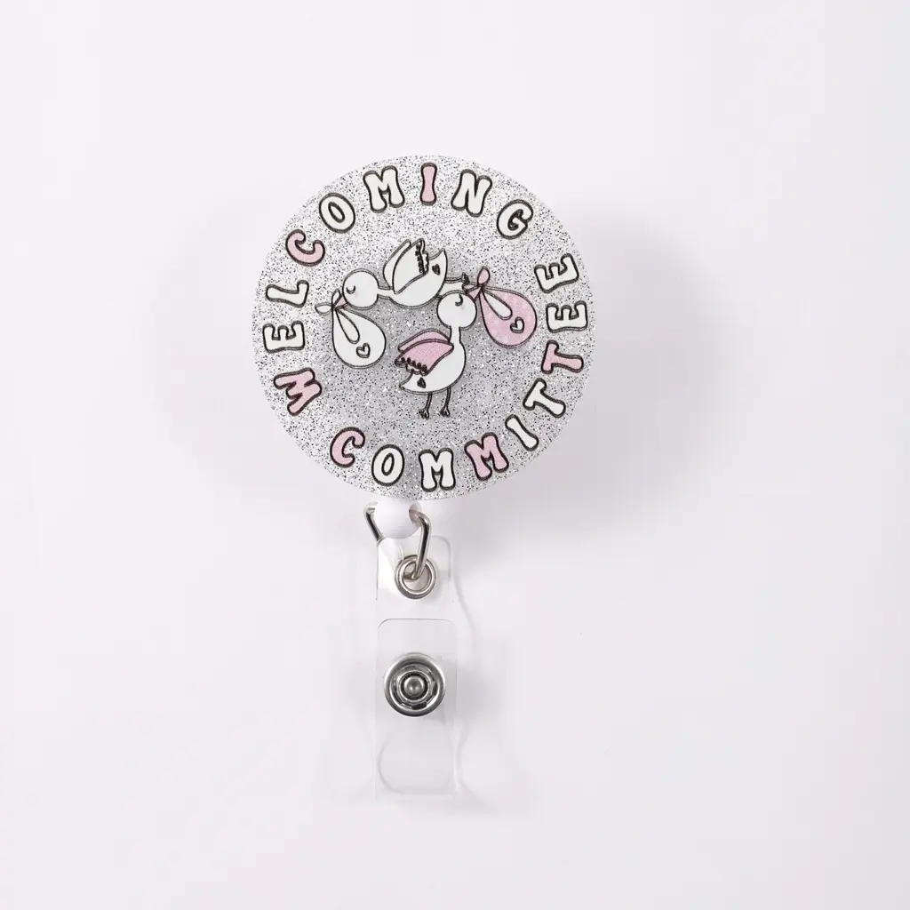 Cute Crane Badge Reel Clip, Expandable Name Tag Holder, Welcoming Committee Slogan, Super Eye-Catching Design, Perfect for Events & Parties