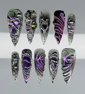Chrome Aura Press On Nails | Purple Iridescent 3D Texture with Liquid Metal Effects | Futuristic Y2K Claw Nail Art Set Handmade