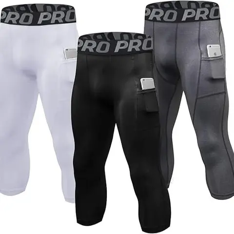 LANBAOSI Men's 3-Pack High-Waist 3/4 Length Compression Pants - Polyester-Blend Fitted Design Activewear, 10% Elastane, Quick-Dry Breathable Stretch Synthetics, All-Seasons Gym Running Men's Clothing, Compression Support Sports Leggings