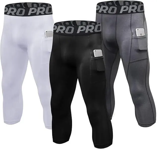 LANBAOSI Men's 3-Pack High-Waist 3/4 Length Compression Pants, Polyester Blend Body Fit Pants, Quick-Drying Stretch Activewear Men's Sports Leggings for Gym & Running Training Base Layer