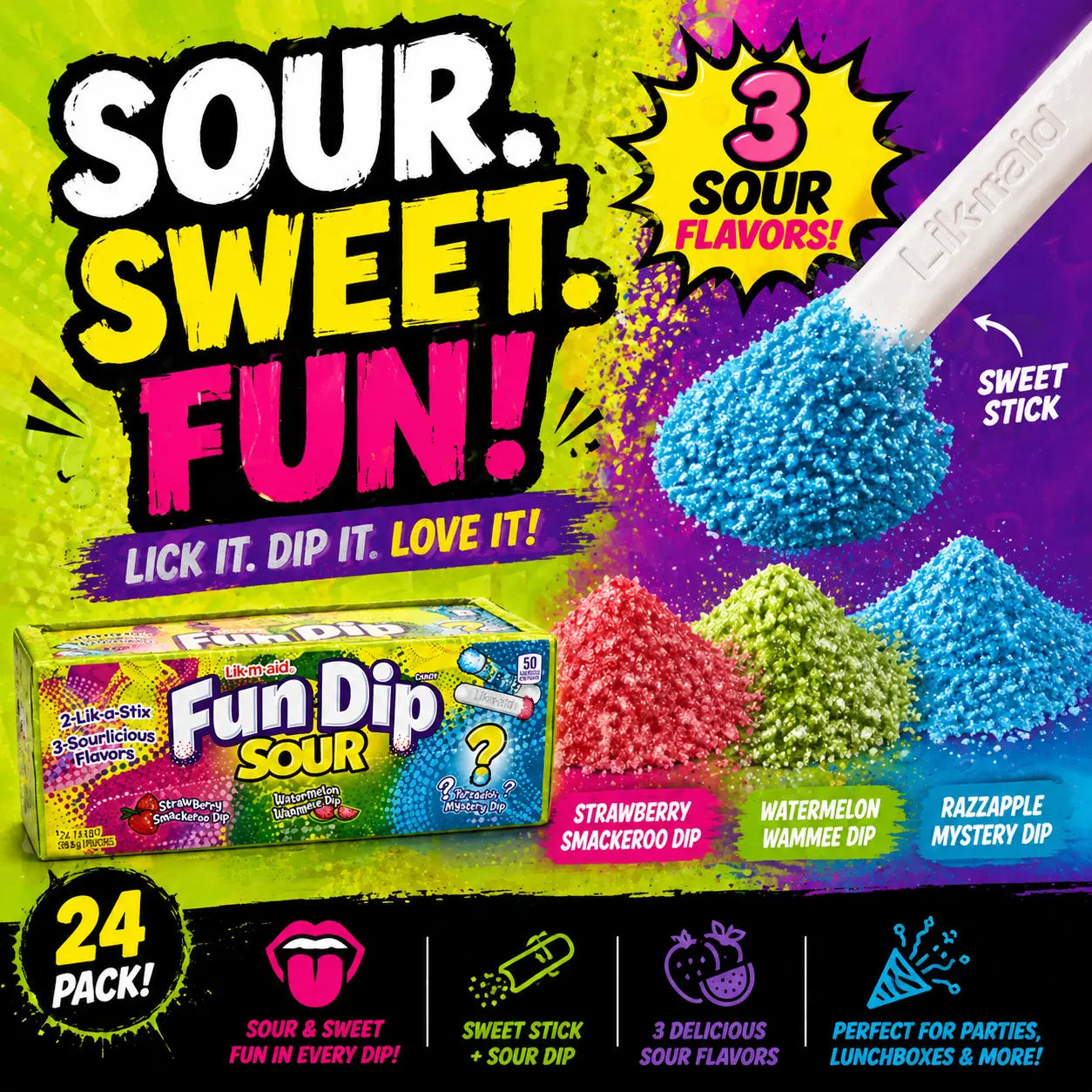 Fun Dip Sour Candy 1.4 oz 24 Count  Sweet & Sour Powder Candy with Candy Sticks | Classic Party Treats & Fun Snacks