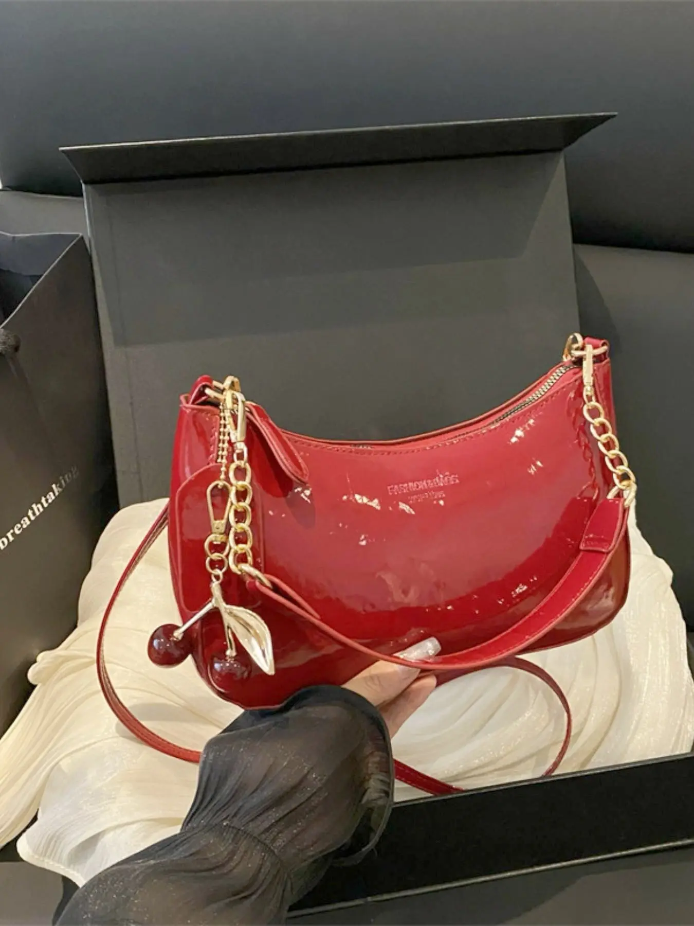 Women's Crescent Crossbody Bag, Glossy PU Leather with Cherry Charm, Casual Simple Hobo Shoulder Bag for Daily Use, Crossbody Purse, Fashion Crossbody Handbag, Casual Crossbody Bags