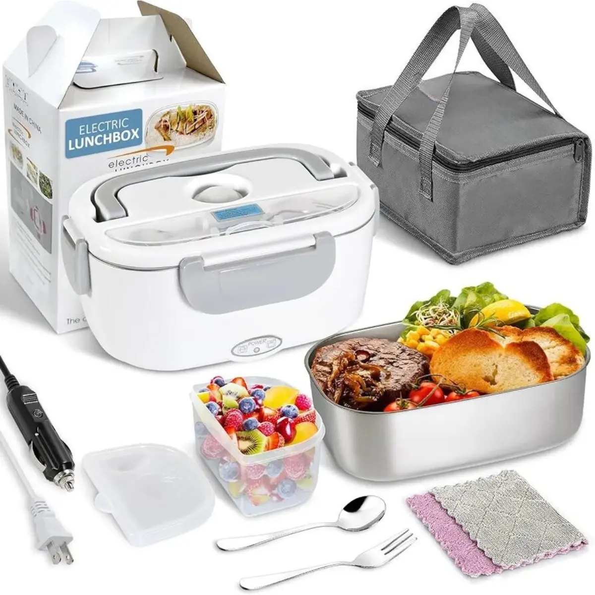 Electric Lunch Box Food Heater (60-80W) for Adults, Modern Insulated Storage Tableware with 1.5L Stainless Steel Container, Fork & Spoon, 12/24/110V Portable Use Heated Lunch Box for Car & Work